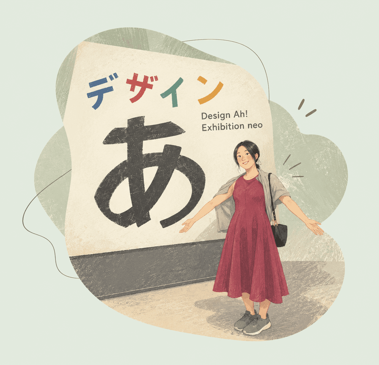 Watercolour illustration of Mizuki with arms open in front of the Design Ah! Exhibition neo wall, beside a large あ character