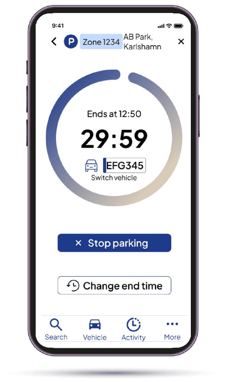 My Active parking screen: a countdown ring, the end time, the vehicle, and large Stop parking and Change end time buttons