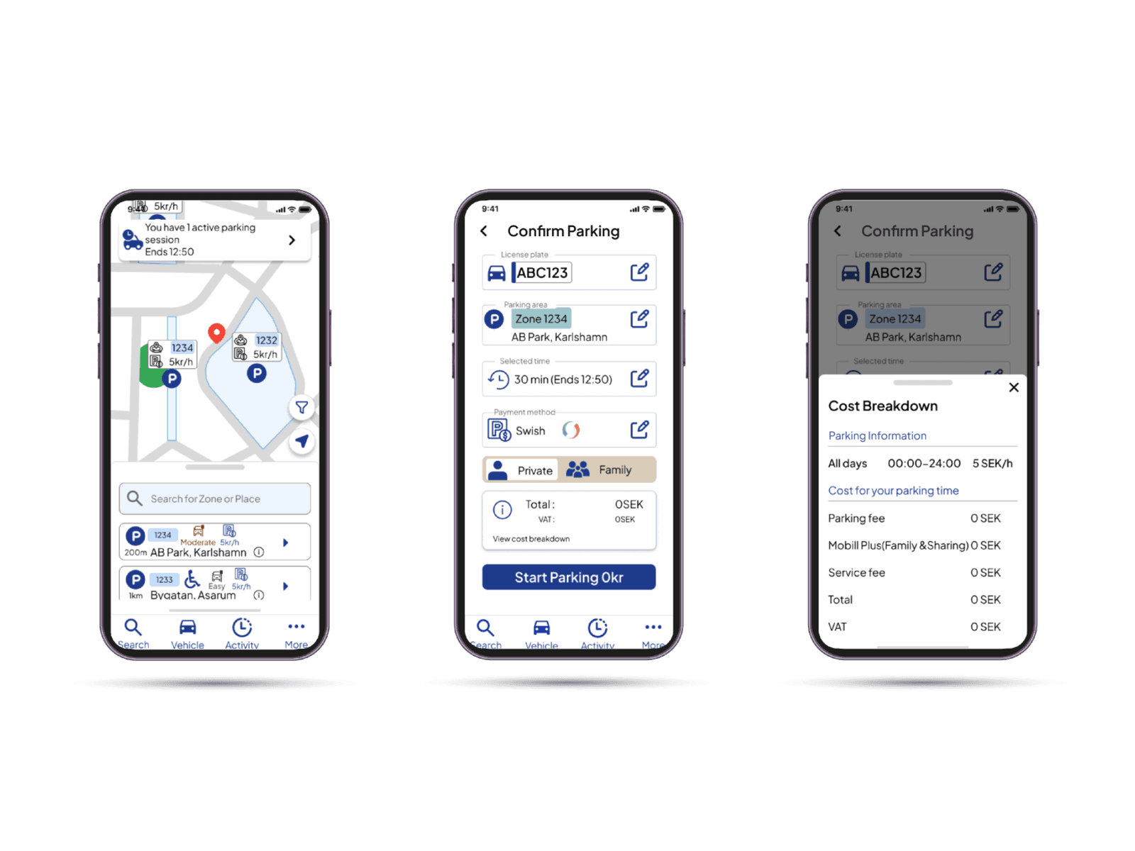Three of my Mobill screens: map with zones, Confirm parking, and Cost breakdown