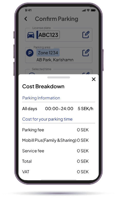 My Cost breakdown: rate, parking fee, Mobill Plus, service fee, total and VAT — 0 SEK fees included