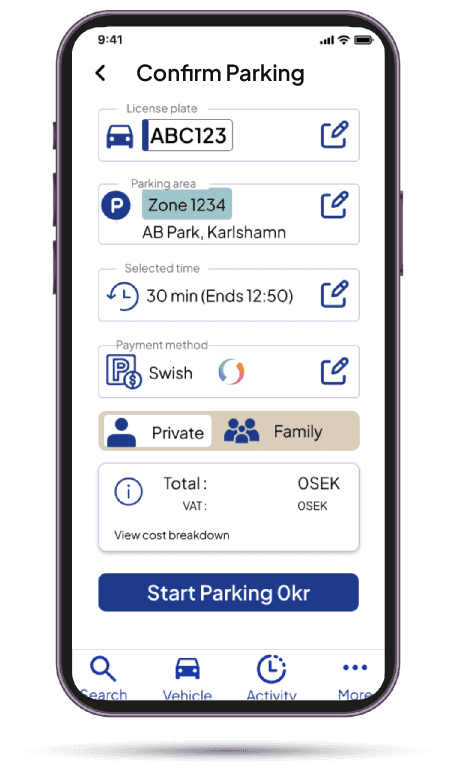 My Confirm parking screen: plate, zone, time and payment, each editable, with the total right above Start parking
