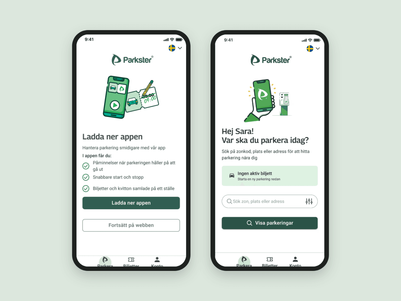 Two of my Parkster web screens in phone frames: the entry screen and “Where do you want to park today?”