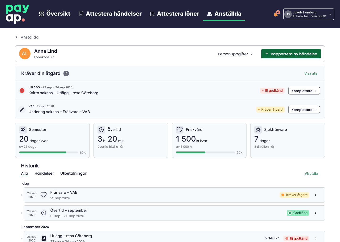 My employee view: a prominent “Report new event” button next to the profile, “Requires your action” with a Complete button on each item, balance cards, and a shared history with tabs