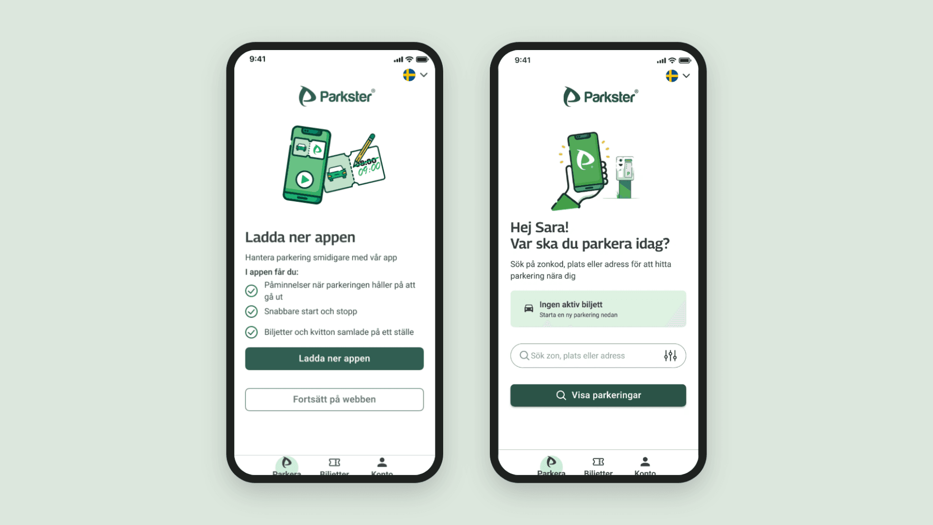 My Parkster web screens: entry screen and parking search