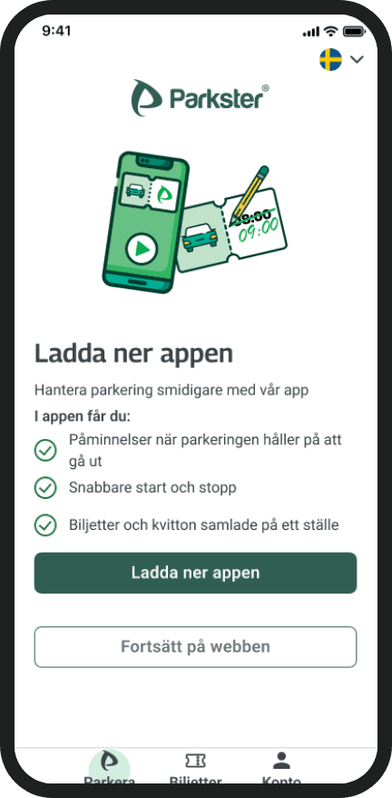 My entry screen suggesting the app, with a clear option to continue on the web
